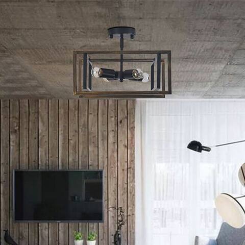 4 Light Unique Square Wood Color Flush Mount Light - W15.35xH12.2 inches.