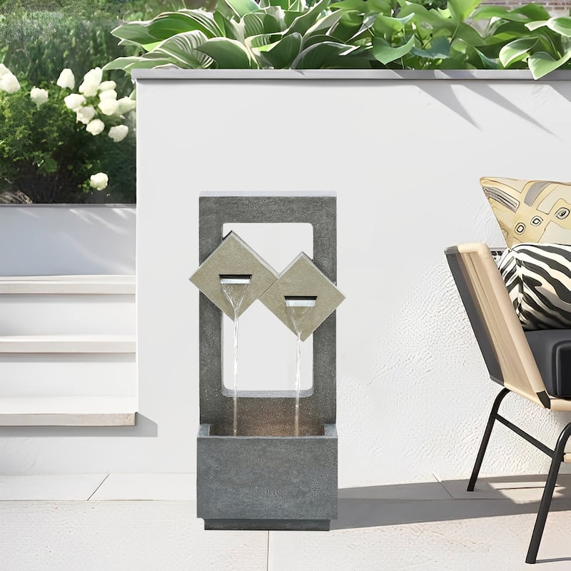 Cascading Grey Resin Rectangular Outdoor Fountain with LED Lights