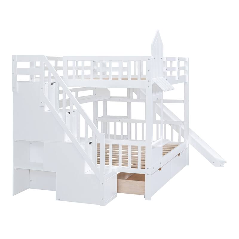 Full-Over-Full Castle Bunk Bed with 2 Drawers Shelves and Slide, Fairytale-Like Atmosphere for Your Lovely Litter Princess
