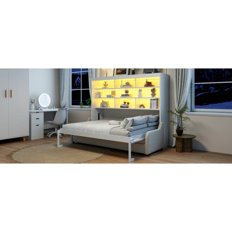 Roomfitters Queen Murphy Cabinet Bed with Folding Sofa, LED Light and Storage, Beige