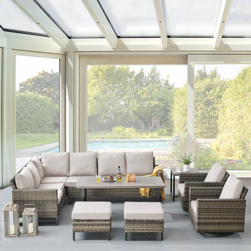 Outdoor Sectional Sofa, Swivel Chairs, Ottomans and Table - Beige - Grey