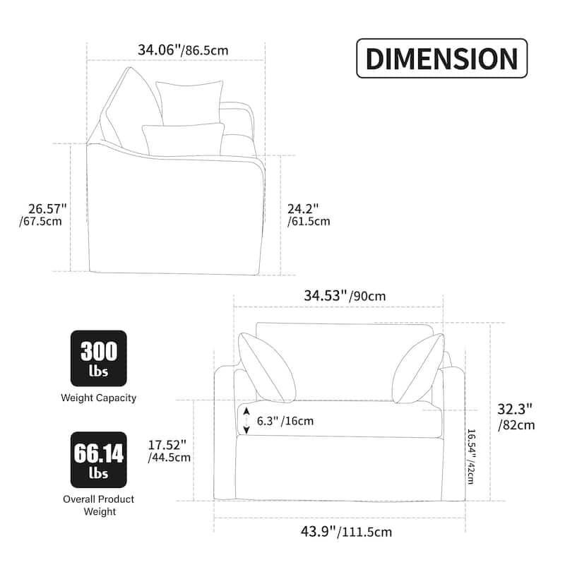 45.3"W Modern Chenille Leisure Chair, Reading ArmChair with 3 Pillows,Metal Legs