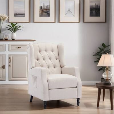 Modern Comfortable Recliner Chair, Upholstered Leisure Chair with Retractable Footrest and Side Pocket for Living Room, Beige