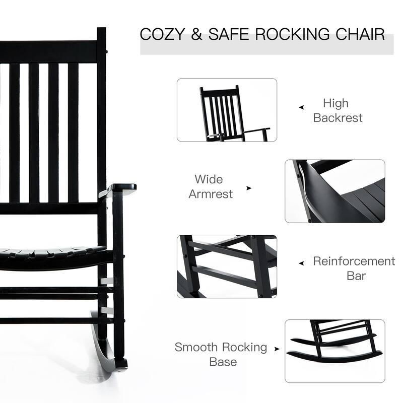Outdoor Patio Wooden Rocking Chair with Smooth Armrests, High Back for Garden, Balcony, Porch, Supports Up to 352 lbs