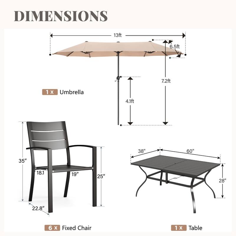 MAISON ARTS 8-Piece Outdoor Dining Set with 13ft Umbrella, Metal Rectangle Table & 6 Stackable Chairs