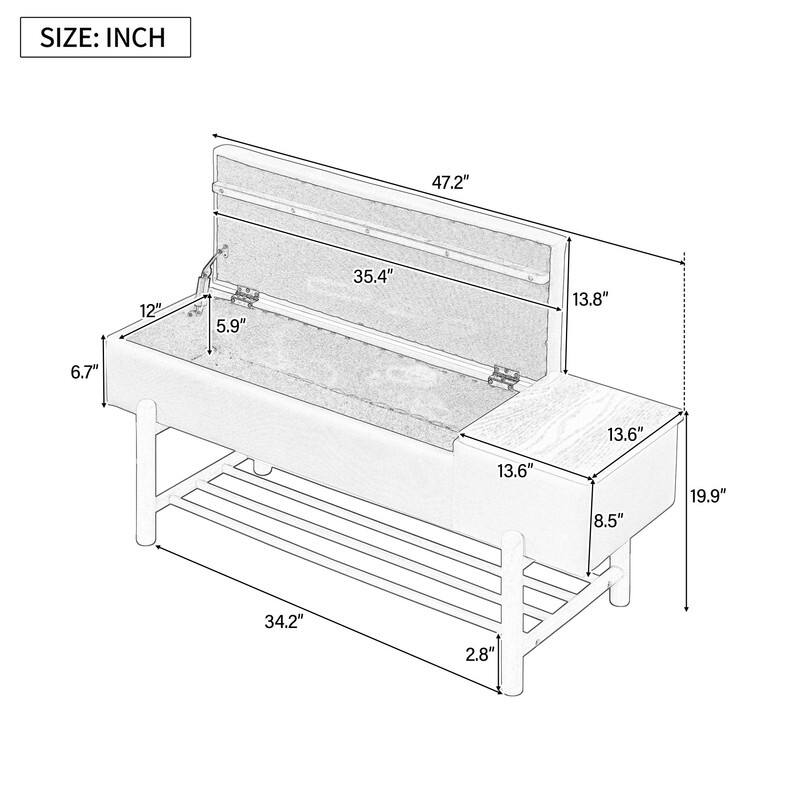 Modern 47.2" Upholstered Storage Bench with Hidden Compartment for Entryway and Living Room