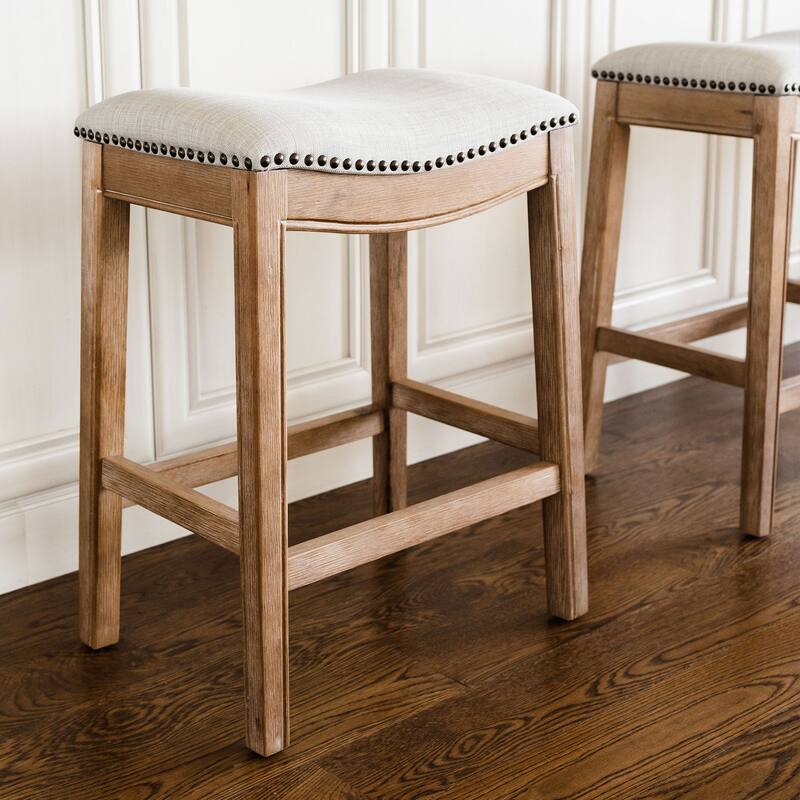 Maven Lane Adrien Backless Saddle Kitchen Counter Stool in Walnut Finish w/ Grey Fabric Upholstery