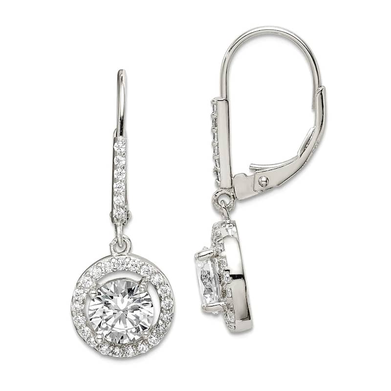 Curata 925 Sterling Silver Rhodium Cubic Zirconia Halo Leverback Dangle Earrings - 33x12mm