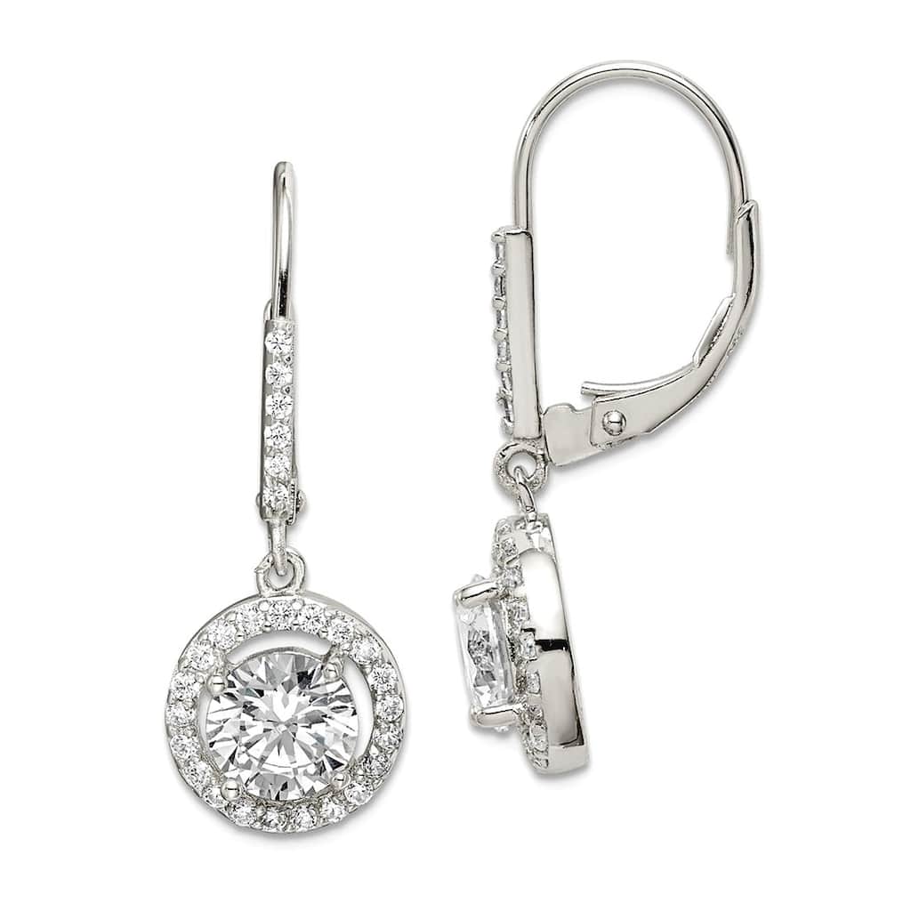 Curata 925 Sterling Silver Rhodium Cubic Zirconia Halo Leverback Dangle Earrings - 33x12mm