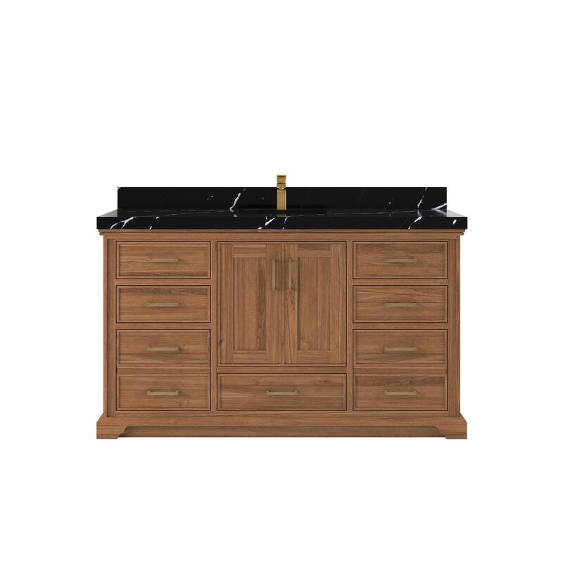 Willow Collections 60 in. W x 22 in. D Charlotte Teak Single Sink Bathroom Solid Teak Vanity with Countertop - 2”Calacatta Black - Dark Natural