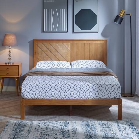 MUSEHOMEINC Solid Wood Platform Bed with Headboard for Bedroom,Wood Slat Support & No Box Spring Needed