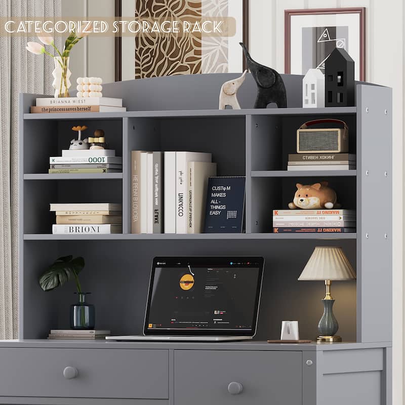 40"Home Executive Desk and Upholstered Chair Set with Bookshelf, Computer Desk with Four Drawers, Storage Shelf, and Chair
