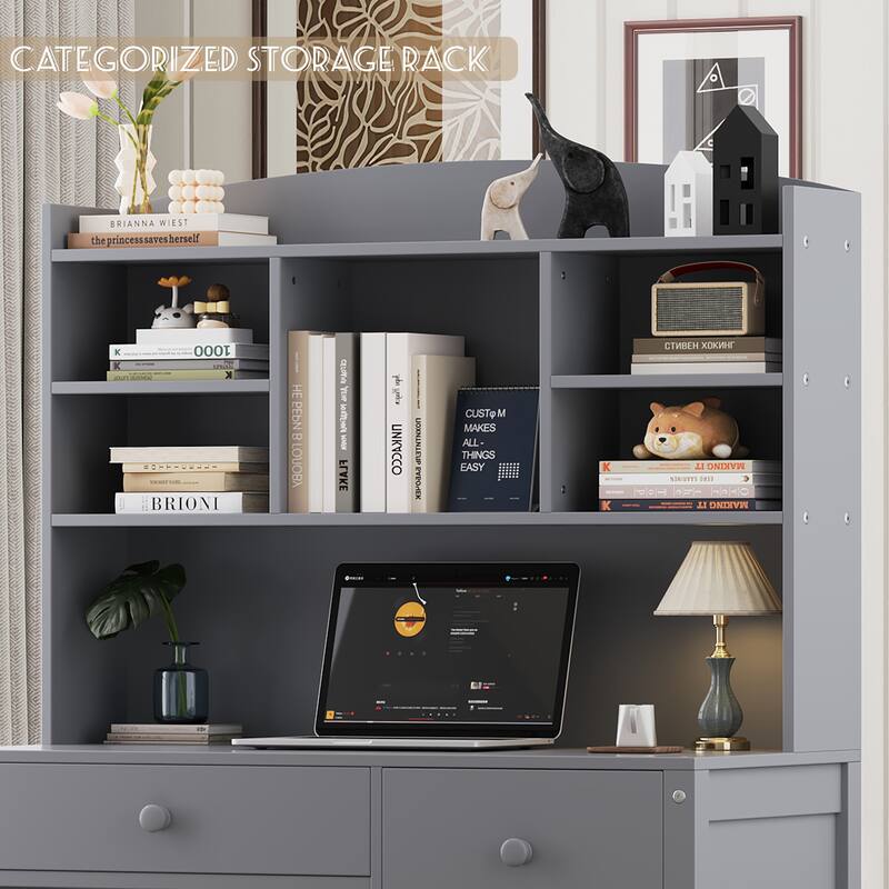 40'' Home Executive Desk and Upholstered Chair Set with Bookshelf, Computer Desk with Four Drawers