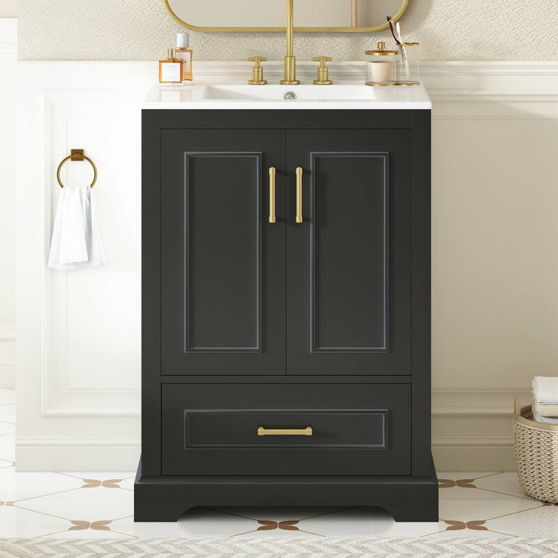 24"Bathroom Vanity with Sink, 1 Divided Drawer and 2 Soft Close Doors with Dual Door Storage Racks, Freestanding Vanity - Black