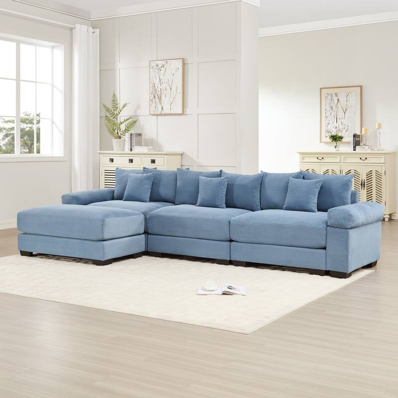 GDFStudio - Corduroy L-Shaped 3-Seater 130" Cloud Modular Sectional Couch with Ottoman