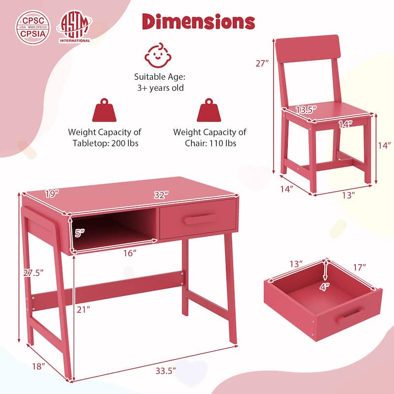 Kids Study Table and Chair Set with Storage Drawer and Hutch and Pine Wood Frame for 3 Over Years Old - 33.5" x 19" x 27.5"