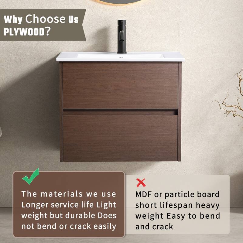 Wall-Mounted Bathroom Vanity Cabinet - Dark Brown, Easy Assembly, Soft-Close Drawer, Sturdy Wood (Sink Not Included)