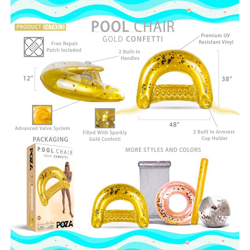 POZA Gold Inflatable Pool Float Chair Filled with Sparkle Confetti - 48 x 38 Inch