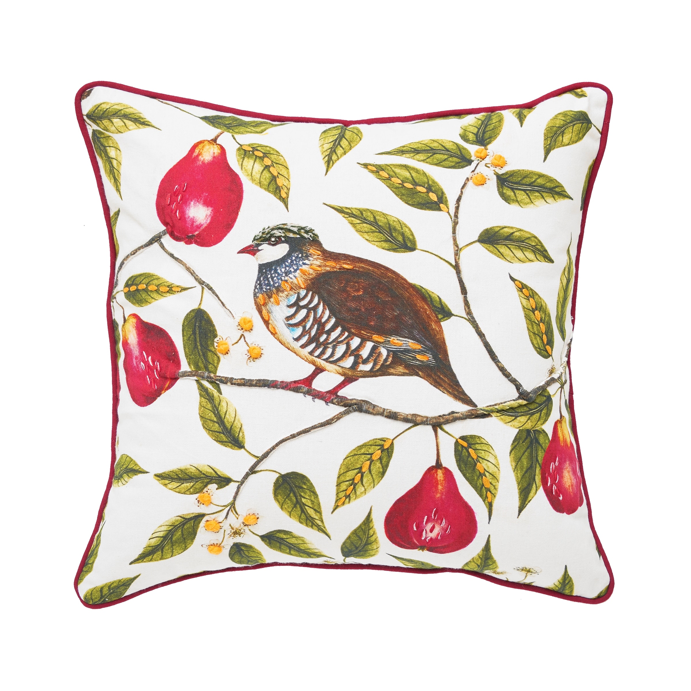 Partridge In A Pear Tree Printed & Embellished Throw Pillow