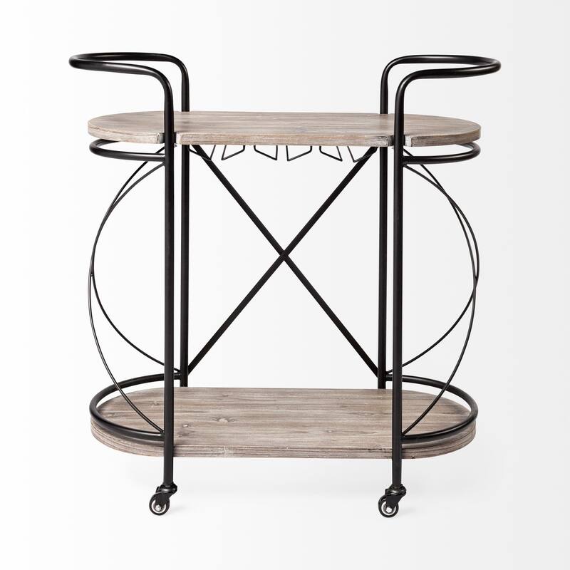 Cyclider Black Metal With Two Wooden Shelves Bar Cart - 34.6L x 15.4W x 34.3H
