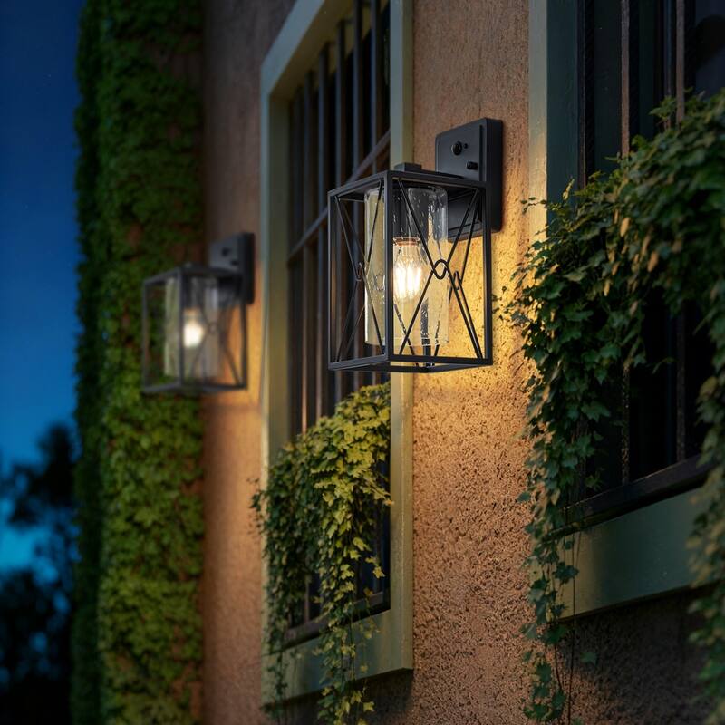 Motion Sensor Outdoor Wall Lanterns with Seeded Glass, Set of 2 - Black