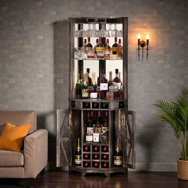 72" Corner Bar Cabinet with Barn Door, Farmhouse Wine Storage Cabinet with Mirror, Glass Rack and Wine Bottle Organizer