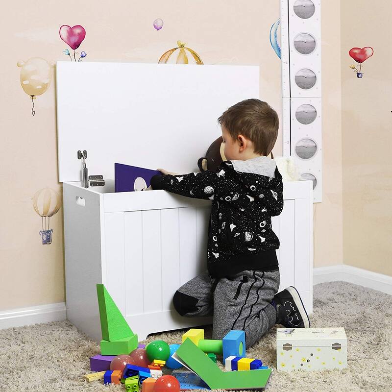 29.9”L White Lift Top Entryway Storage Chest/Bench with 2 Safety Hinge, Wooden Toy Box