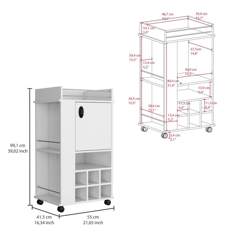Bar Cart with Cabinet, 6 Built-in Wine Rack and Casters