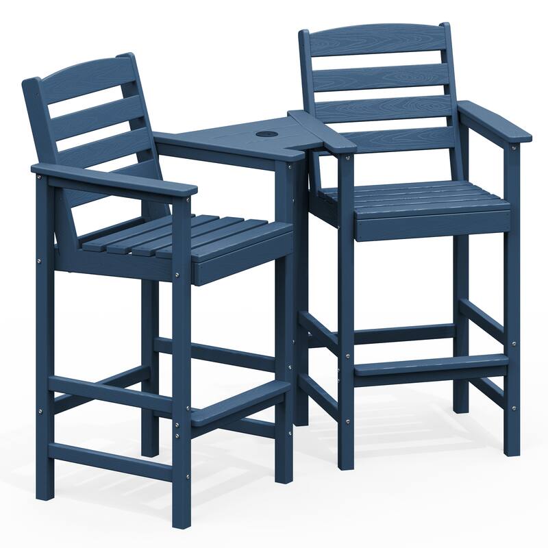 HDPE 2-Piece High Bar Stool Set with Umbrella-Compatible Connecting Panel - Navy