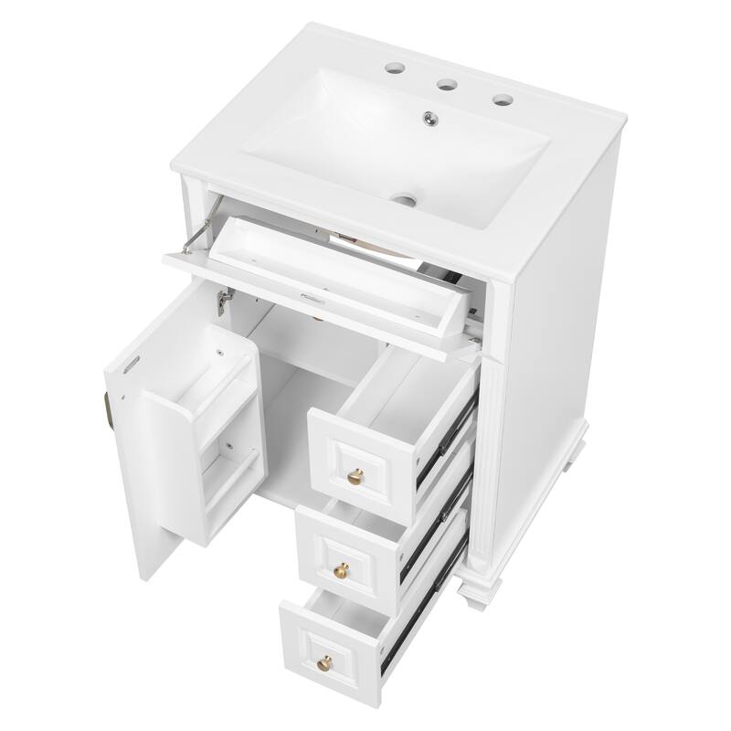 24" Freestanding Bathroom Vanity with Ceramic Sink, Flip-Out Drawer & 3-Drawer Cabinet, Solid Wood & MDF