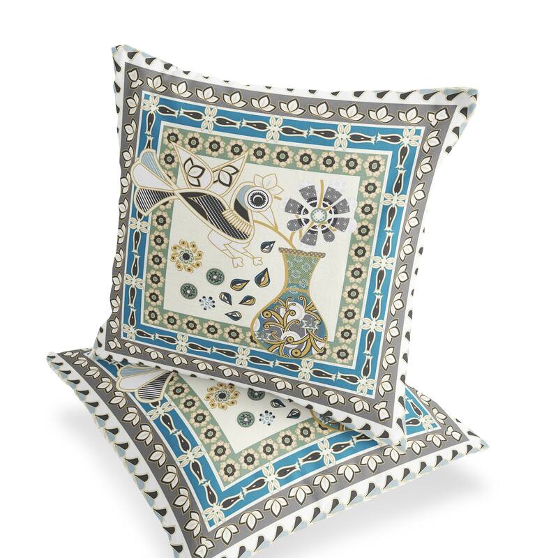 HomeRoots Set of Two 16" X 16" Green and Yellow Peacock Blown Seam Floral Indoor Outdoor Throw Pillow - 16.00' X '16.00' X '5.00