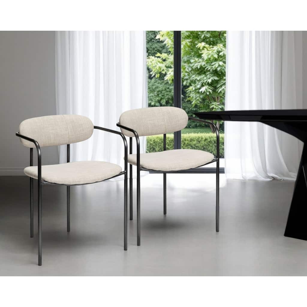 HomeRoots Set Of Two Beige And Gunmetal Upholstered Fabric Open Back Arm Chairs - 21.10 in. x 28.70 in. x 21.50 in.