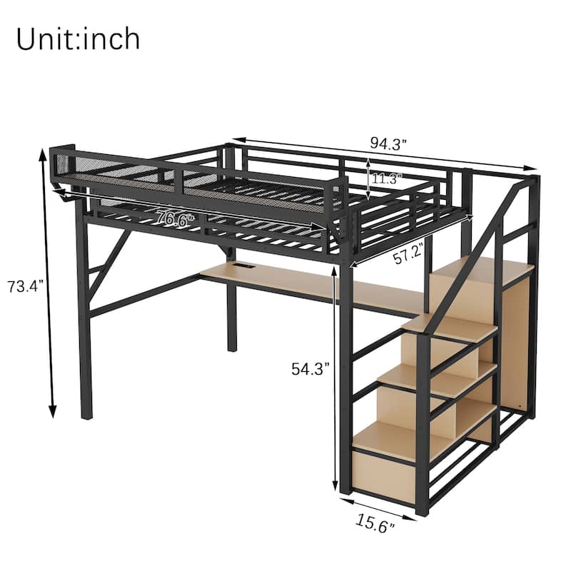 Full Size Metal Loft Bed with Built-In Desk, Charging Station and RGB Lighting, Staircase with Storage and Wardrobe