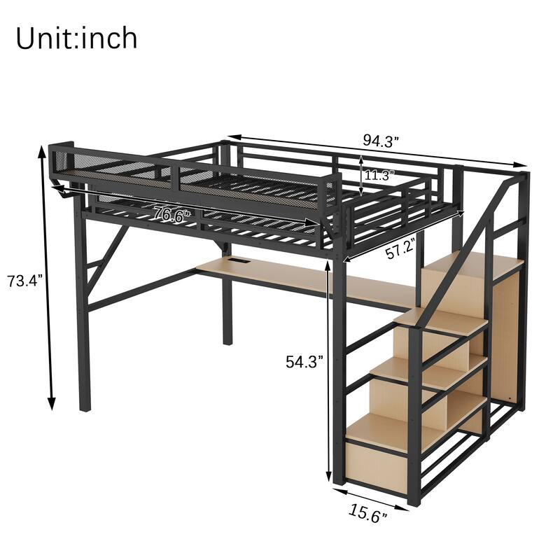 Metal Loft Bed with Storage Stairs Upper Storage Shelves and Wardrobe, Metal Structure Bed Optional Desk Charging Station