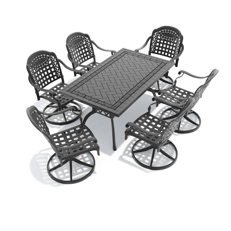 7-Piece Aluminum Rectangular Outdoor Patio Dining Set, 6 Cushioned Swivel Chairs, Table, All-Weather Frames