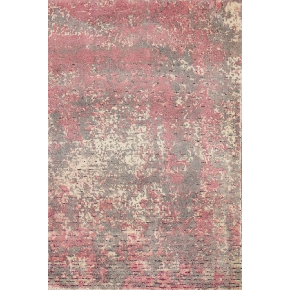 Hand Knotted Oriental Viscose Silk Carpet Modern All-Over Pink Abstract Area Rug - 3' 0'' X 2' 0''