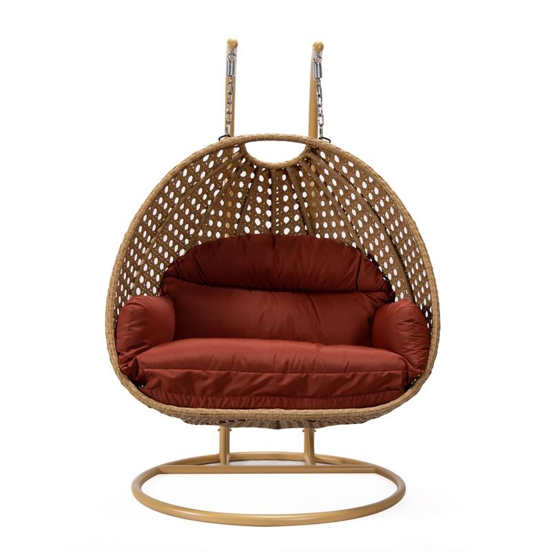 LeisureMod Mendoza 2-Person Hanging Egg Swing Chair - Handcrafted Light Brown Wicker, Patio Hammock Lounger with Cushions - 53"