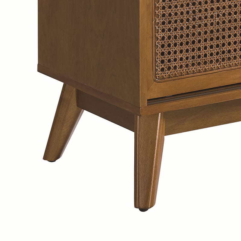 Vintage Farmhouse Wooden TV Stand with 2 Sliding Rattan Cabinet Doors