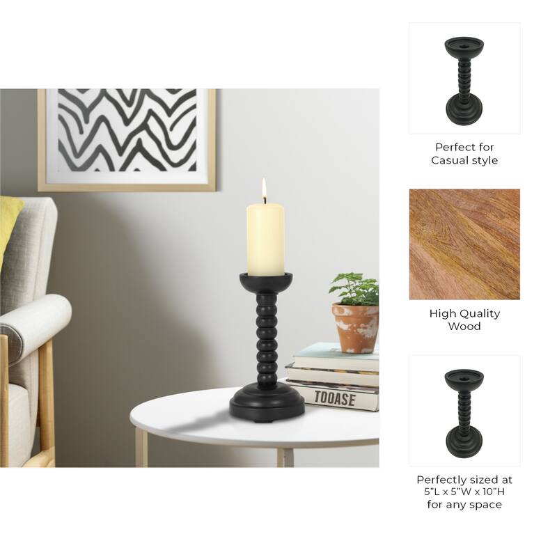 Wood Candle Holder Sculpted Round Base and Turned Detailing Accent