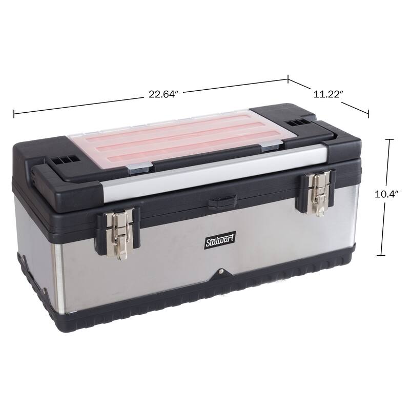 Tool Box with 18 Bins and Removable Tray - Portable Metal and Plastic Tool Tote with Ergonomic Handle by Stalwart