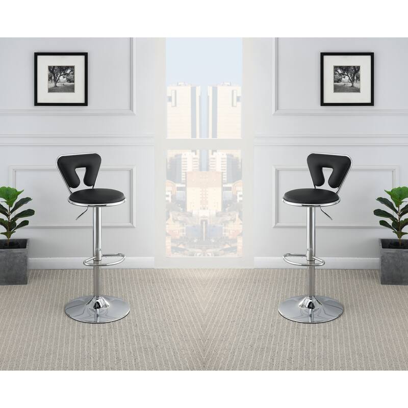 Adjustable Bar Stool Gas Lift Chair Black Faux Leather Chrome Base Metal Frame Modern Stylish Set Of 2 Chairs
