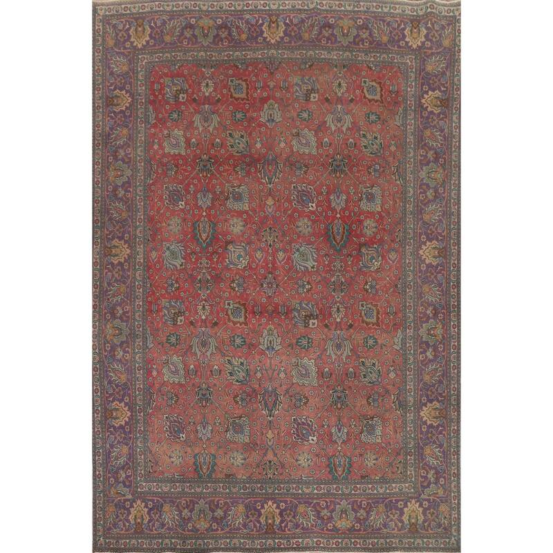 Hand Knotted Oriental 100% Wool Carpet Traditional All-Over Pink Tabriz Area Rug - 12' 8'' X 9' 8''