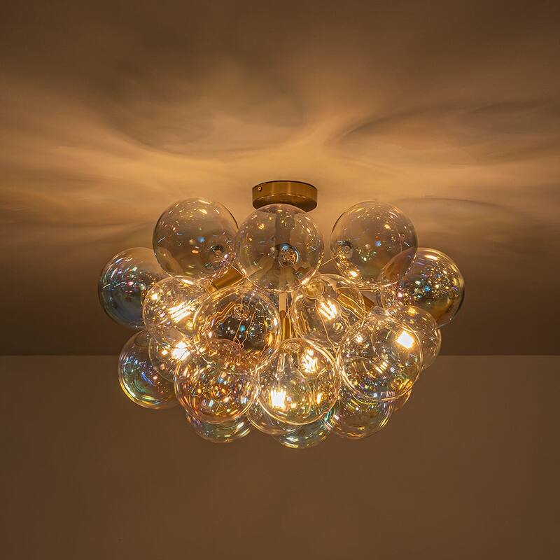 Modern Pearlescent Bubble Glass Semi Flush Mount Light 24.8 in Brass