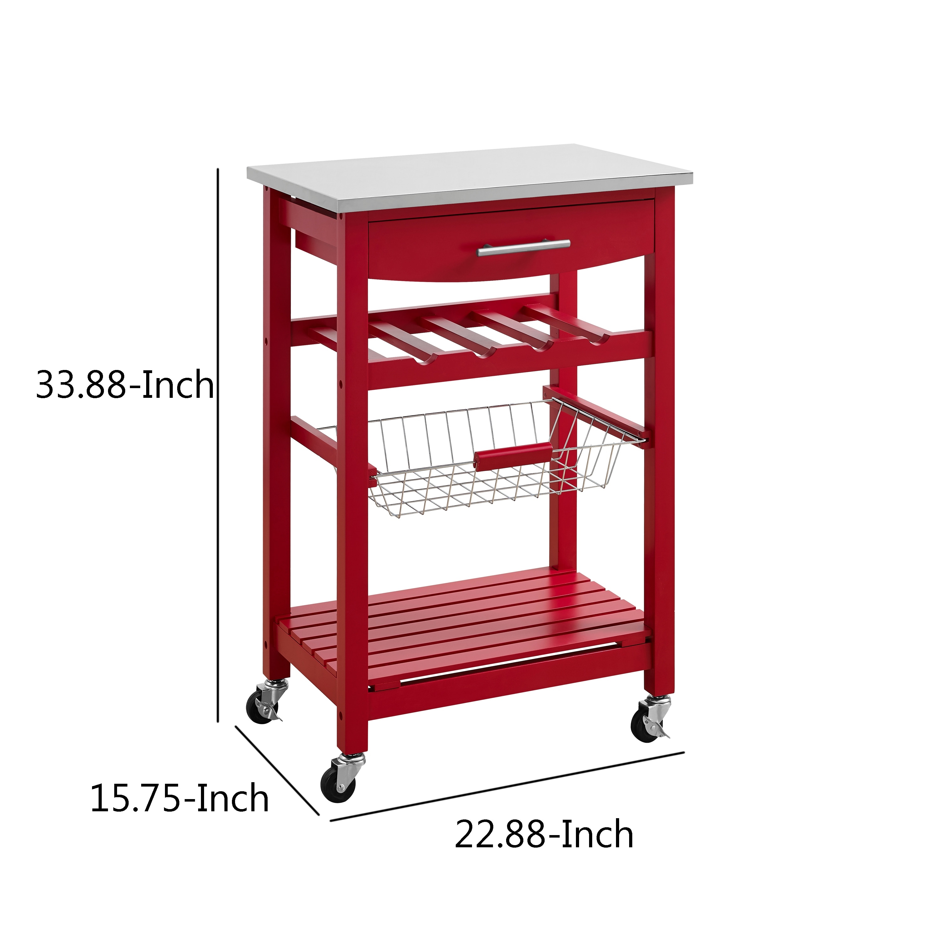 Contemporary Kitchen Island with Stainless Steel Top and Casters, Red