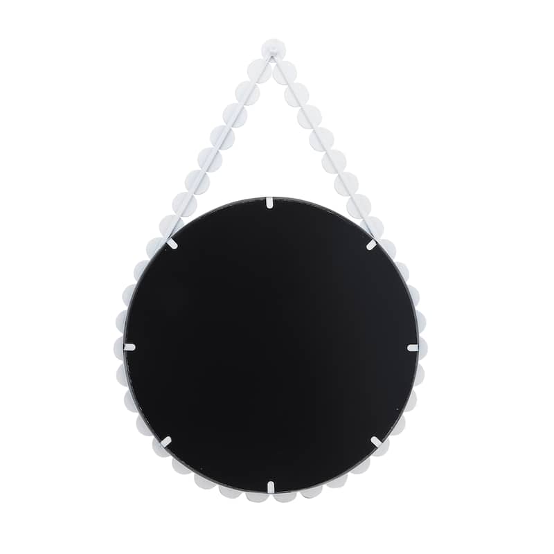 36" Beaded Round Mirror Contemporary Boho Coastal White and Natural Hanging Wooden Wall Mirror Decorative Mirror