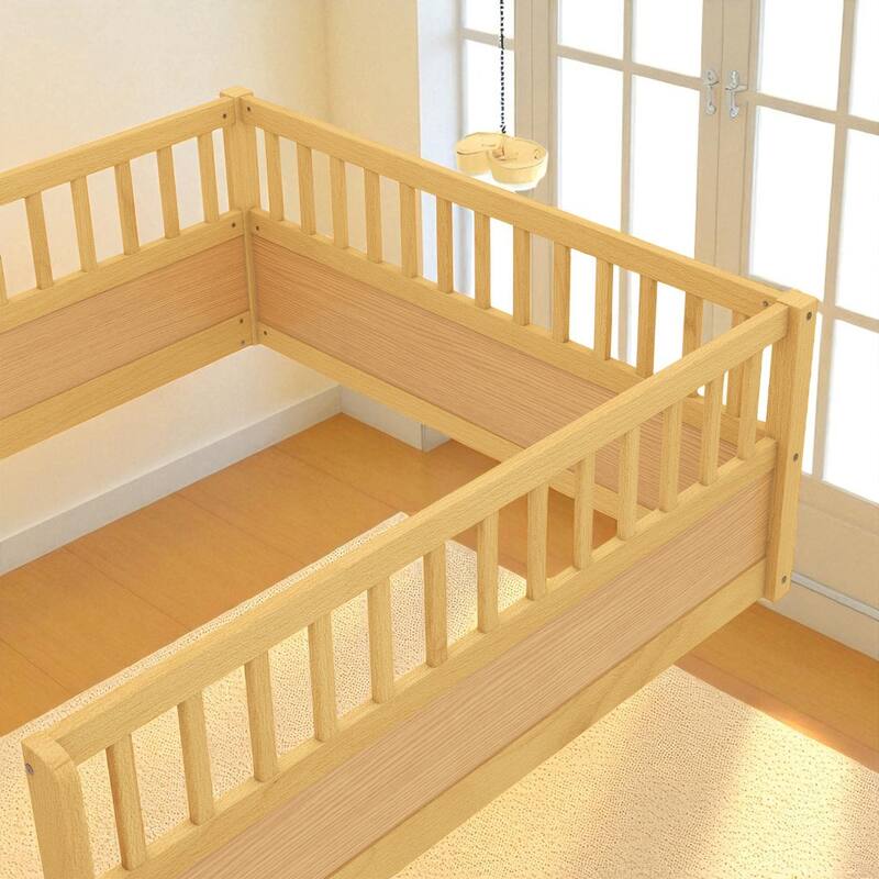 Twin/Full Montessori Floor Bed with High Fence & Open Door, Solid Pine, Playroom/Bedroom, No Box Spring