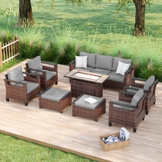 Bonosuki 8 Pieces Patio Sofa with Rectangle Fire Pit Table and Ottomans, All-Weather PE Rattan Wicker Sofa with Cushion, Gray