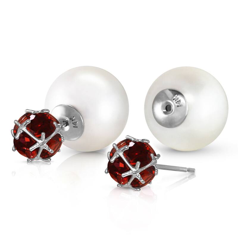 14K Solid Gold Tribal Double Shell Pearls And Garnets Stud Earrings