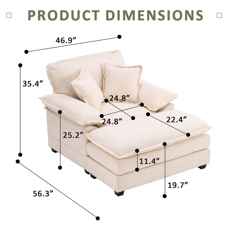 46.9 Inch Single Sofa with 2 Folding Pillows and an Ottoman, Comfort Sofa - Living Room Deep Seating Sofa for Living Room
