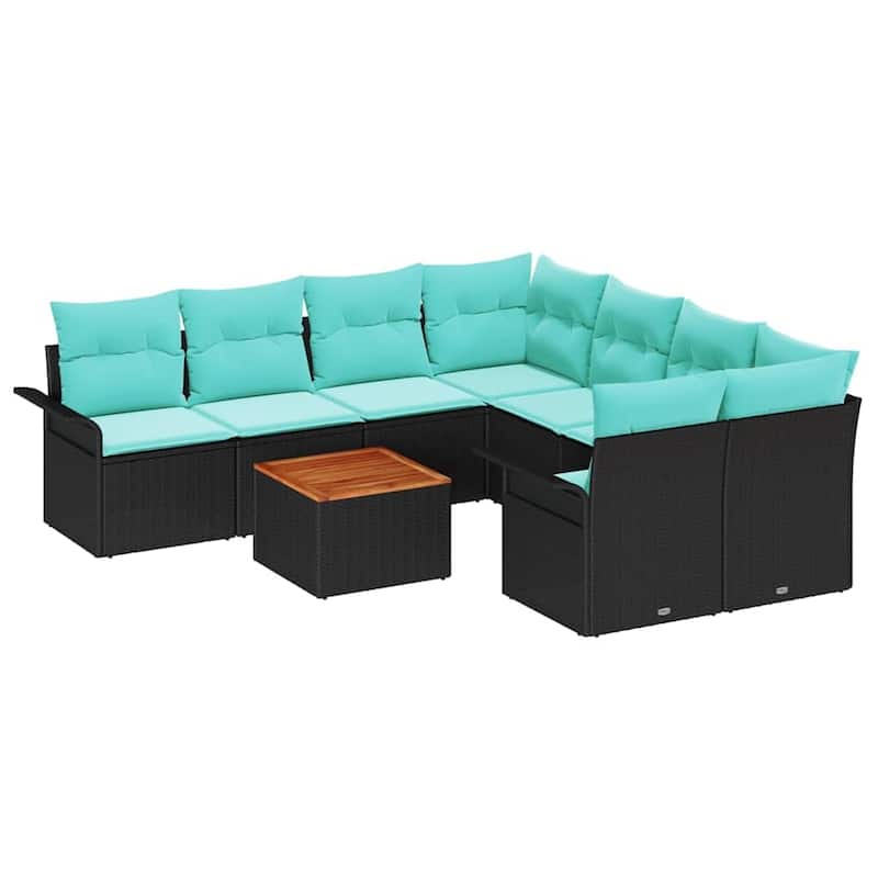 vidaXL 9 Garden Sofa Set with Cushions Black Poly Rattan - 95.9 x 92.1 x 27.2